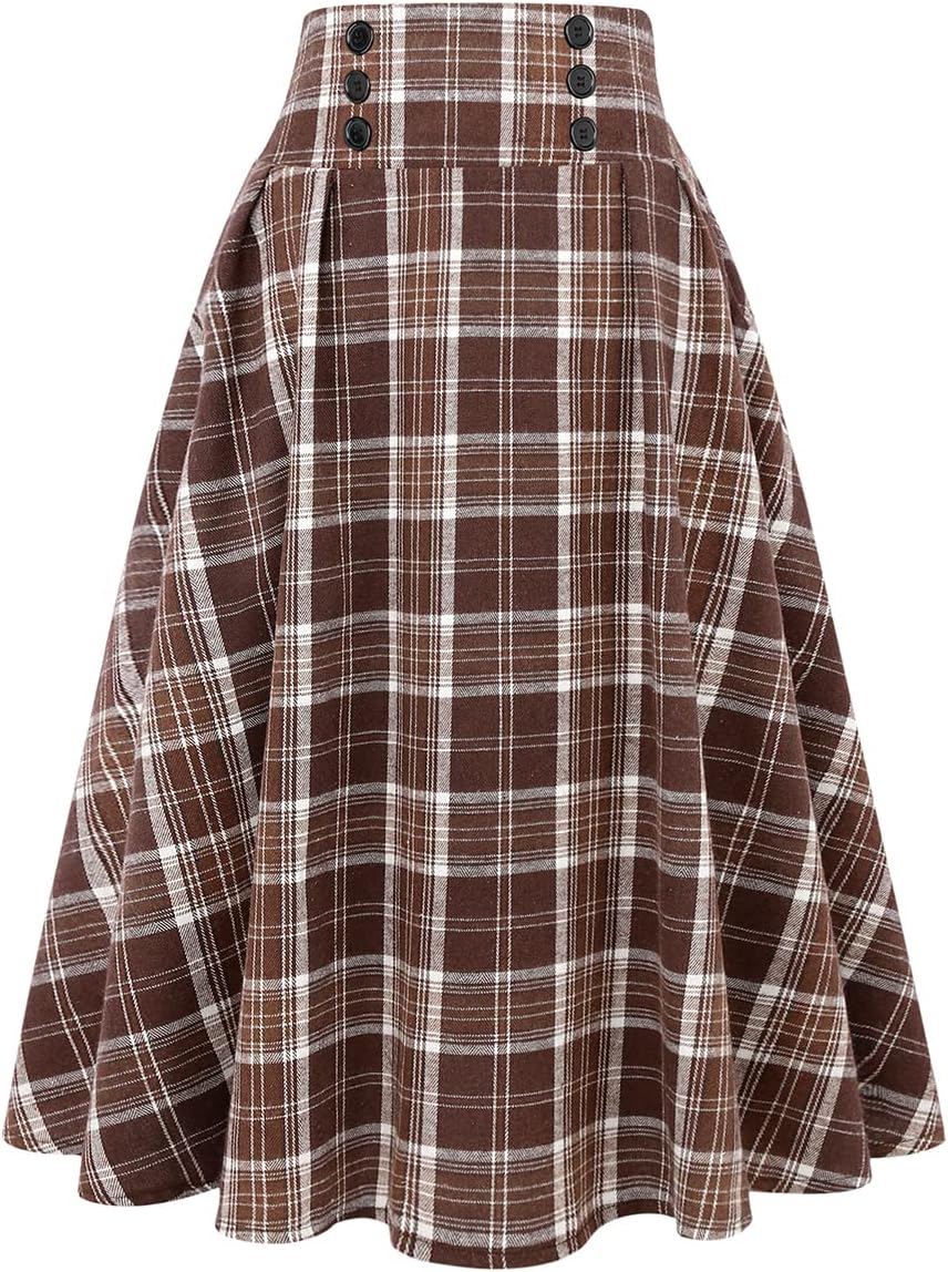 Plaid Midi Skirt for Women - High Waist Aline Pleated Style
