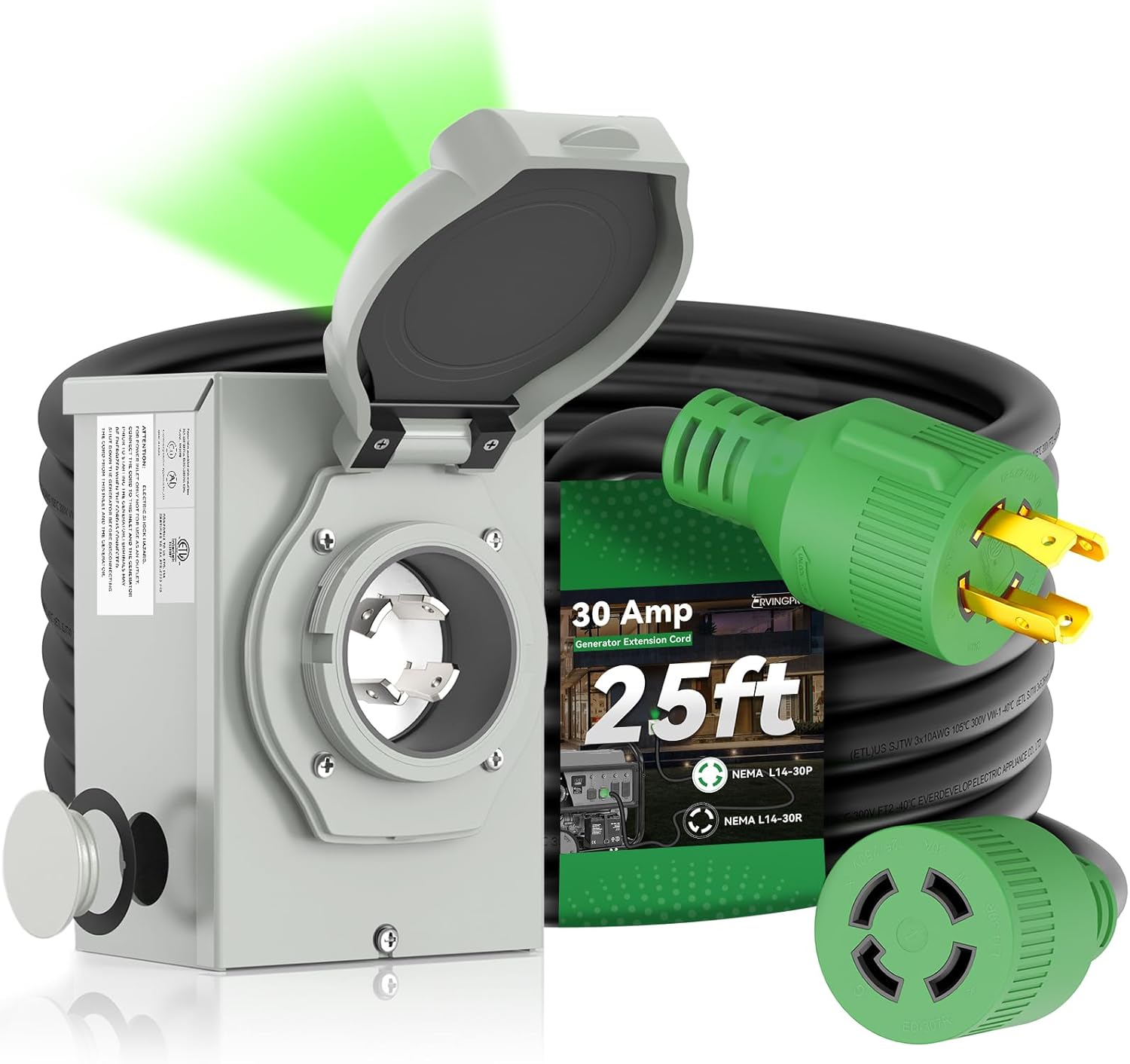 30 Amp Generator Cord and Inlet Box RVINGPRO 25FT Combo