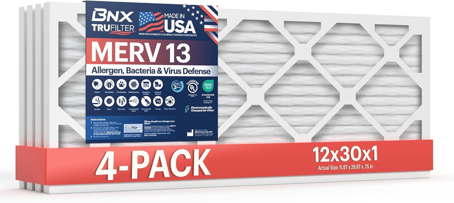 BNX TruFilter 12x30x1 MERV 13 Air Filter for Allergies & More