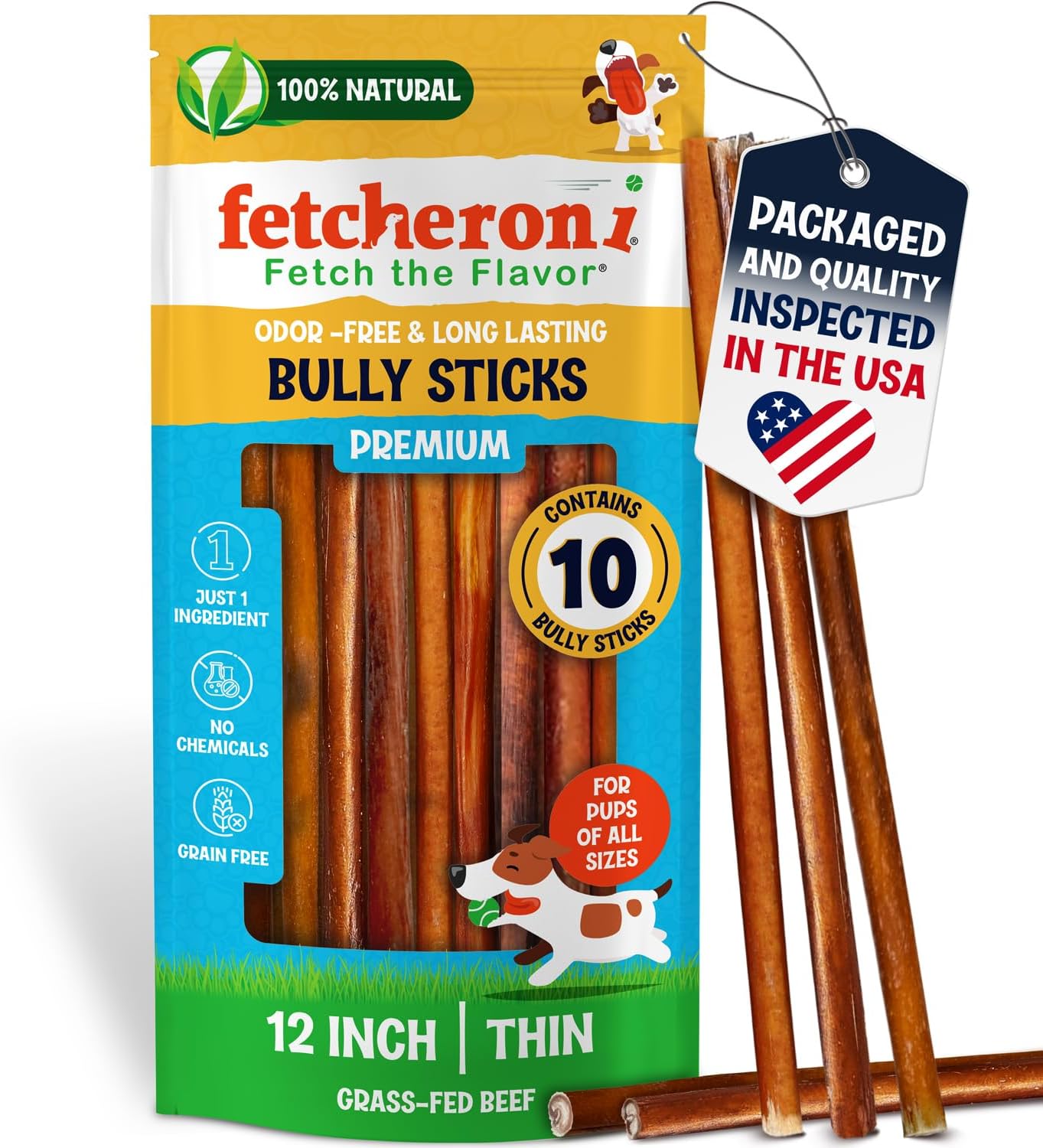 Odor-Free Thin Bully Sticks for Dogs - 12 Inch Chews, 10 Pack