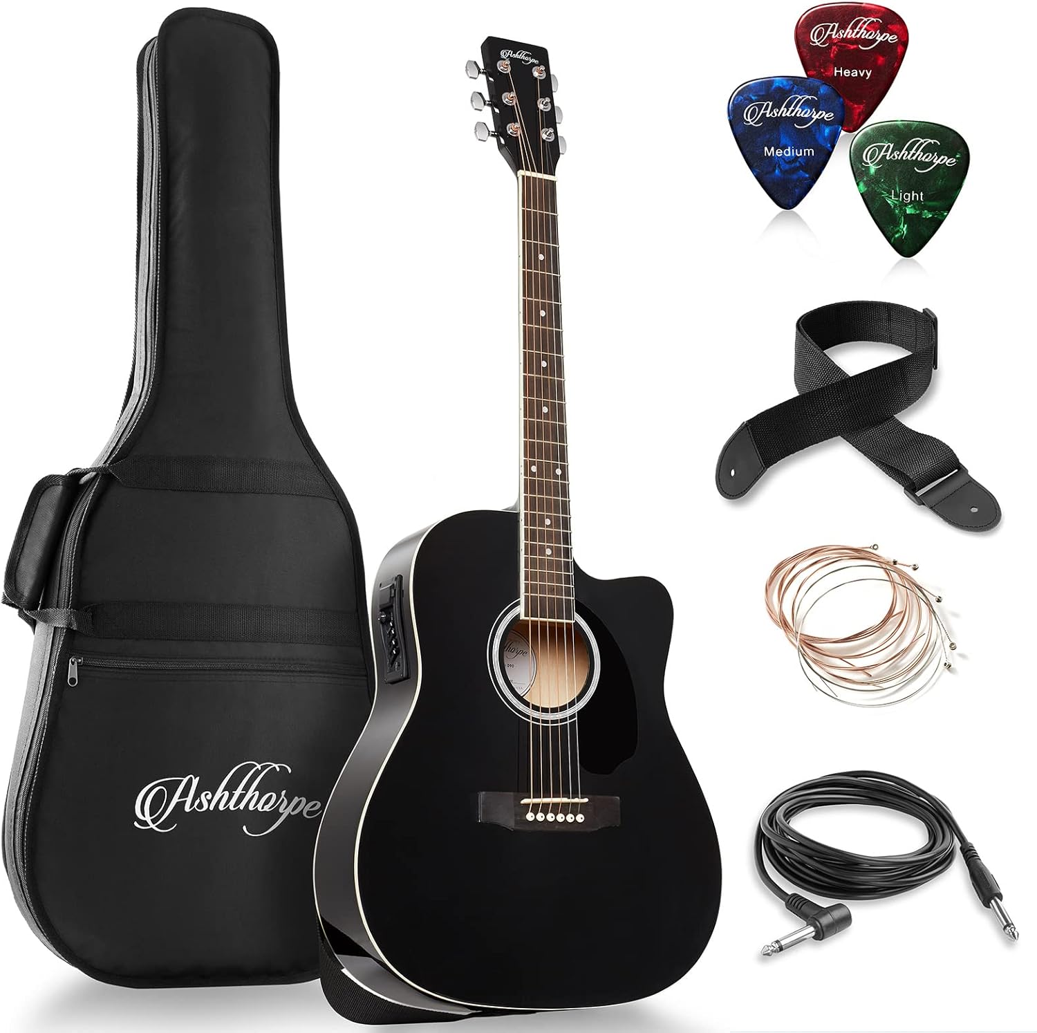 Ashthorpe Black Acoustic-Electric Guitar - Premium Tonewoods