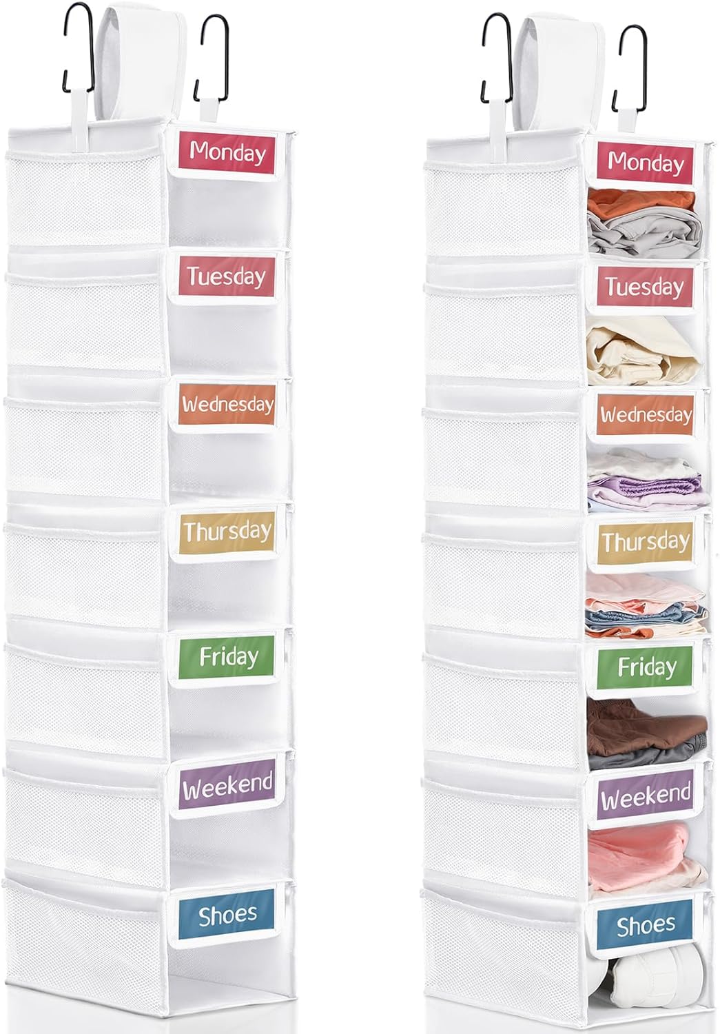 2 Pack 7 Shelf Weekly Clothes Organizer for Kids with Pockets
