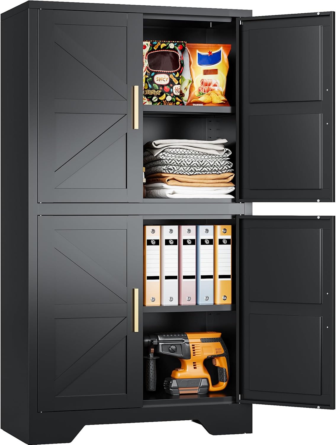 SISESOL Black Storage Cabinet with 4 Doors and Adjustable Shelves