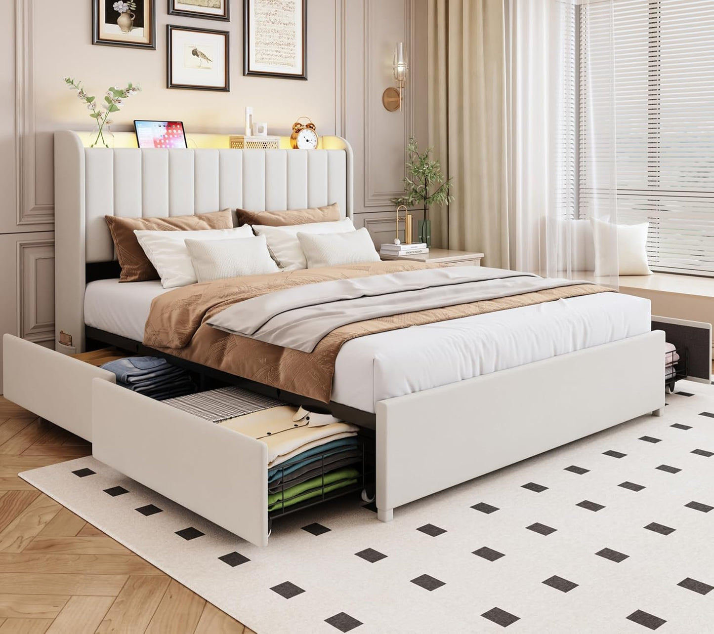 Full Bed Frame with 4 Drawers and Storage Headboard Features