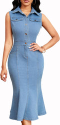 Denim Dress for Women Bodycon Short Sleeve Jean Split - Sleek Fitted