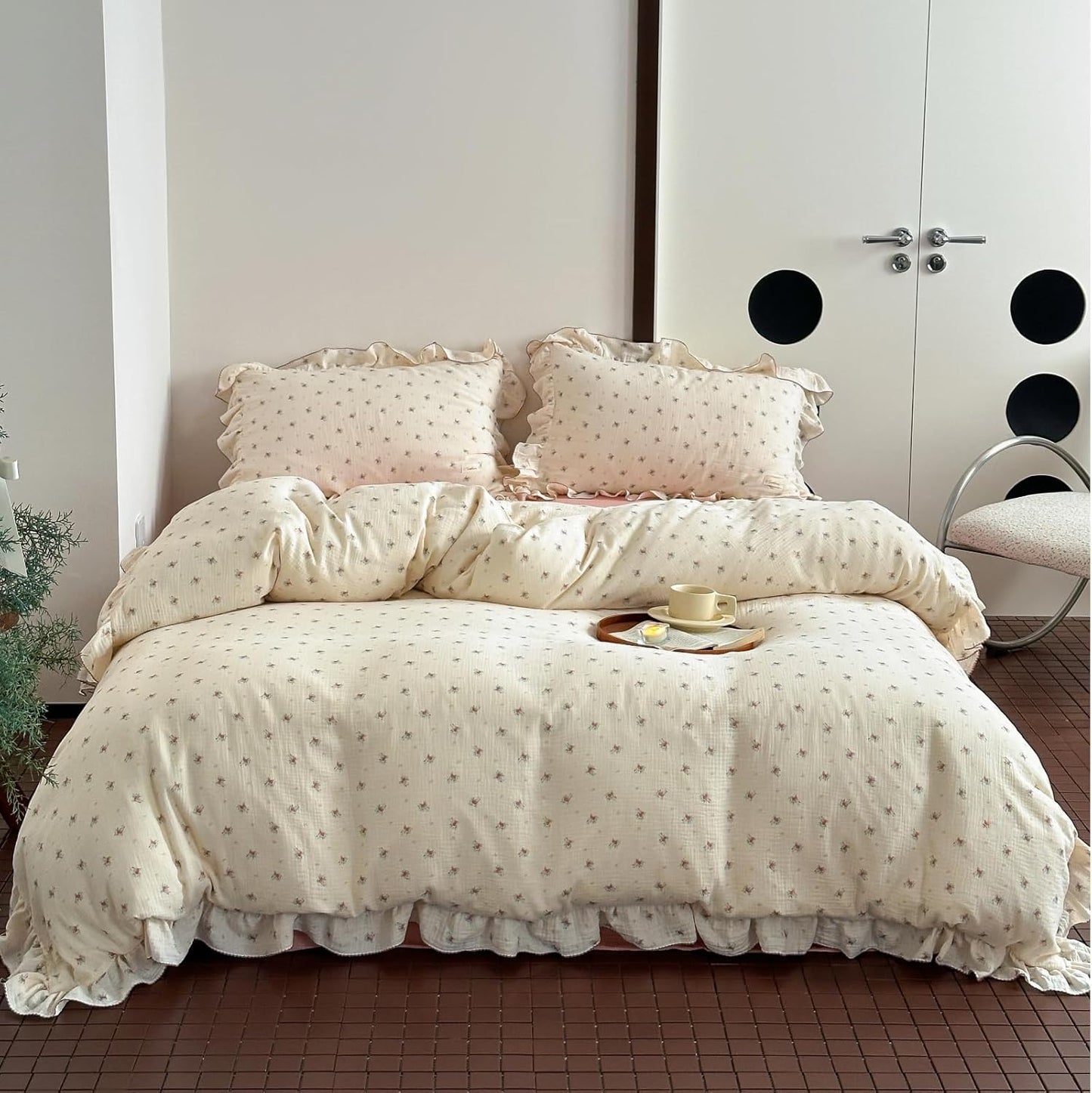BuLuTu Muslin Cotton Duvet Cover Full with Elegant Ruffles