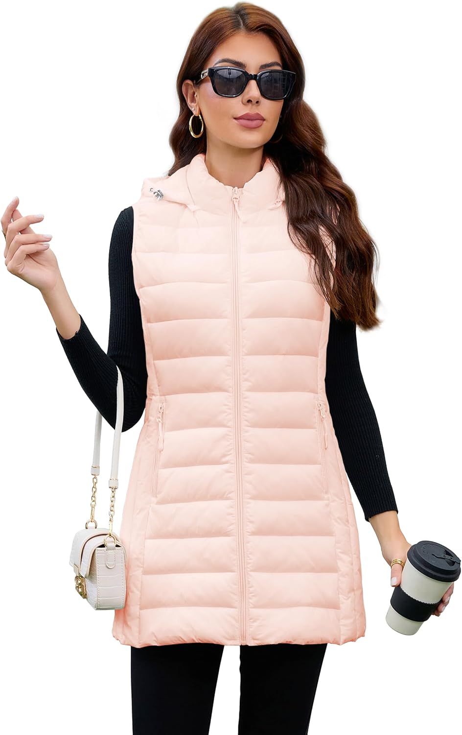 Long Puffer Vest for Women with Hood - Lightweight & Packable