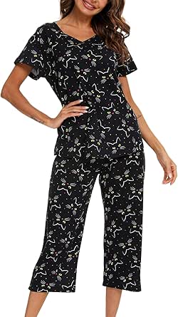 ENJOYNIGHT Women's Cute Sleepwear Tops with Capri Pants Set