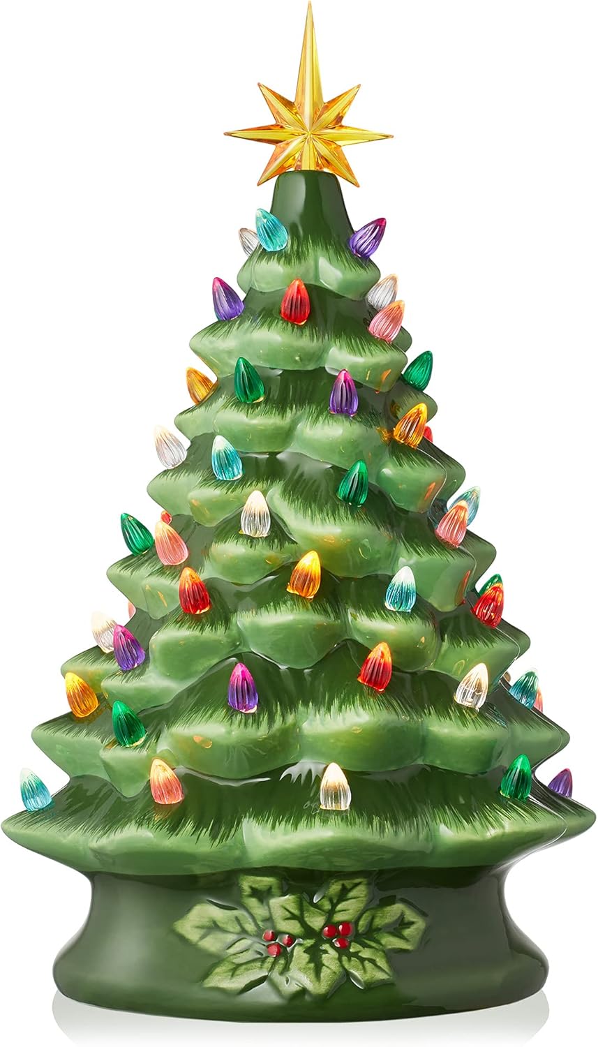 Hand Painted Ceramic Christmas Tree with Multi Color Lights