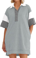 Women's Polo V Neck Sweatshirt Mini Dress - Oversized Color Block