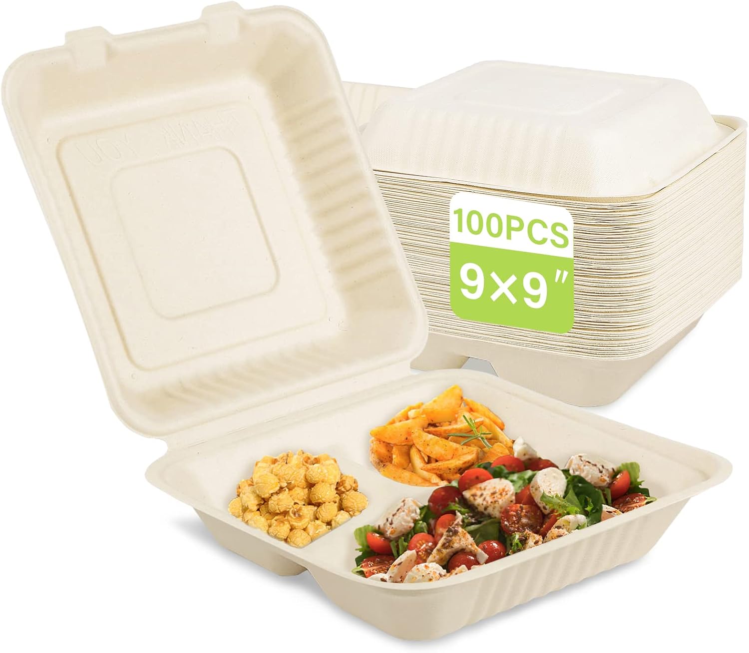 Greensight Disposable Take Out Food Container 100 Pack, 9X9 Clamshell