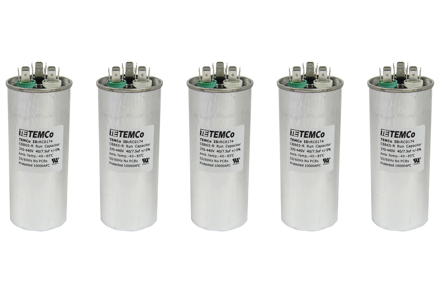 5 Pack 40+7.5 uF Dual Run Capacitor for HVAC Applications