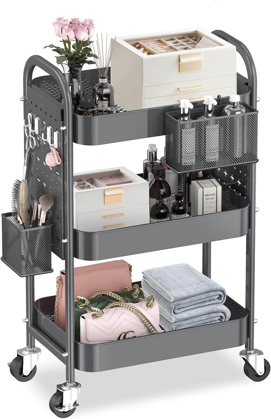ALVOROG 3 Tier Rolling Cart with DIY Pegboards for Storage