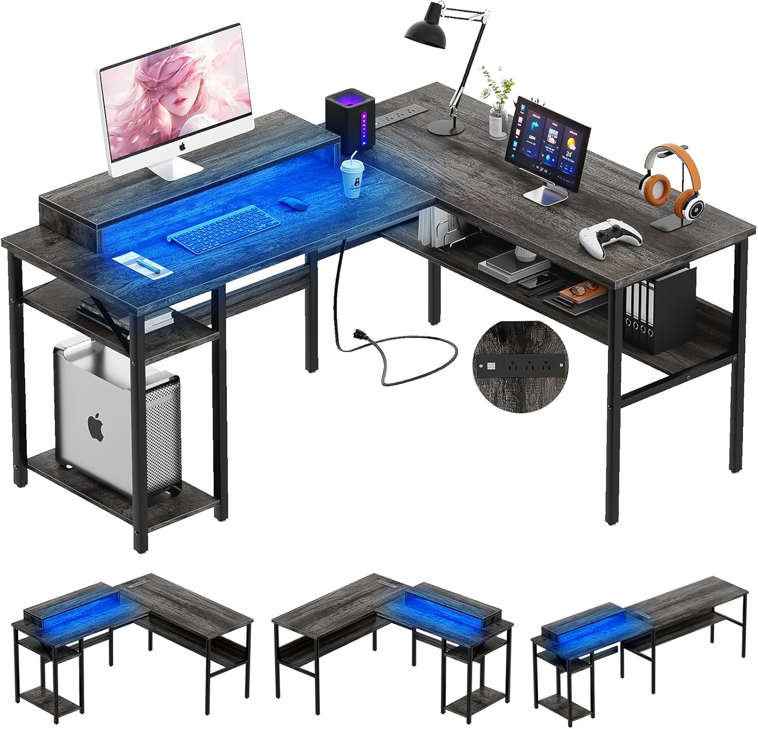 Modern L-Shaped Desk with Power Outlets & RGB Lights