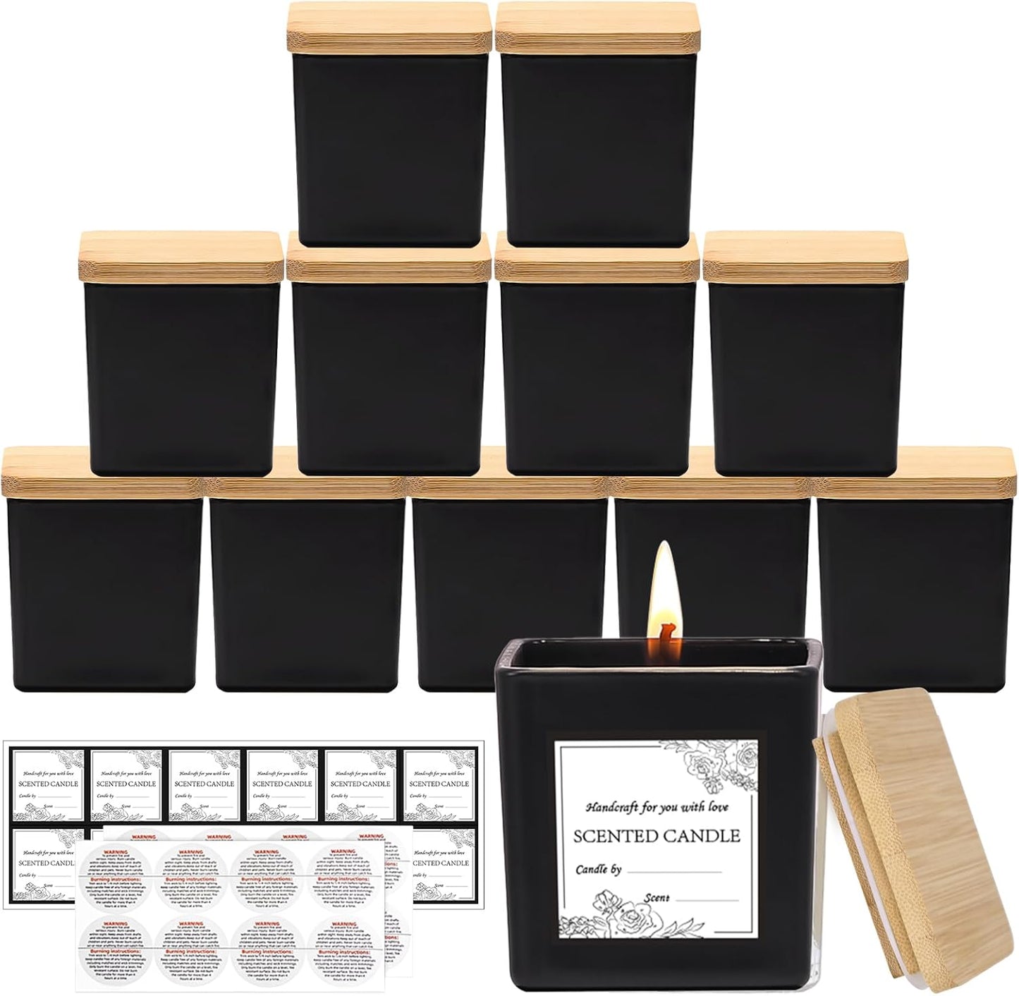 12 Pack 9 OZ Matte Black Square Candle Jars for DIY Projects