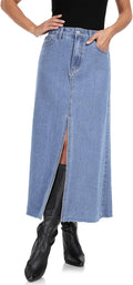 Women's Jean Skirt High Waisted Frayed Raw Hem Midi - Stretch Denim