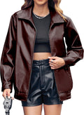 Womens Oversized Faux Leather Jacket - Casual Bomber Zip-Up