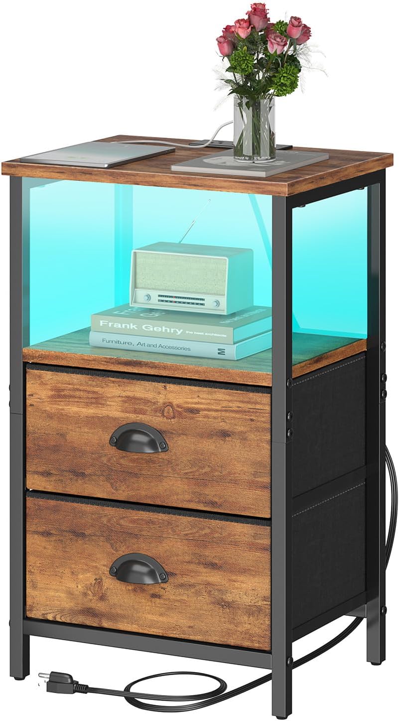 Nightstand with Charging Station and LED Light for Bedroom