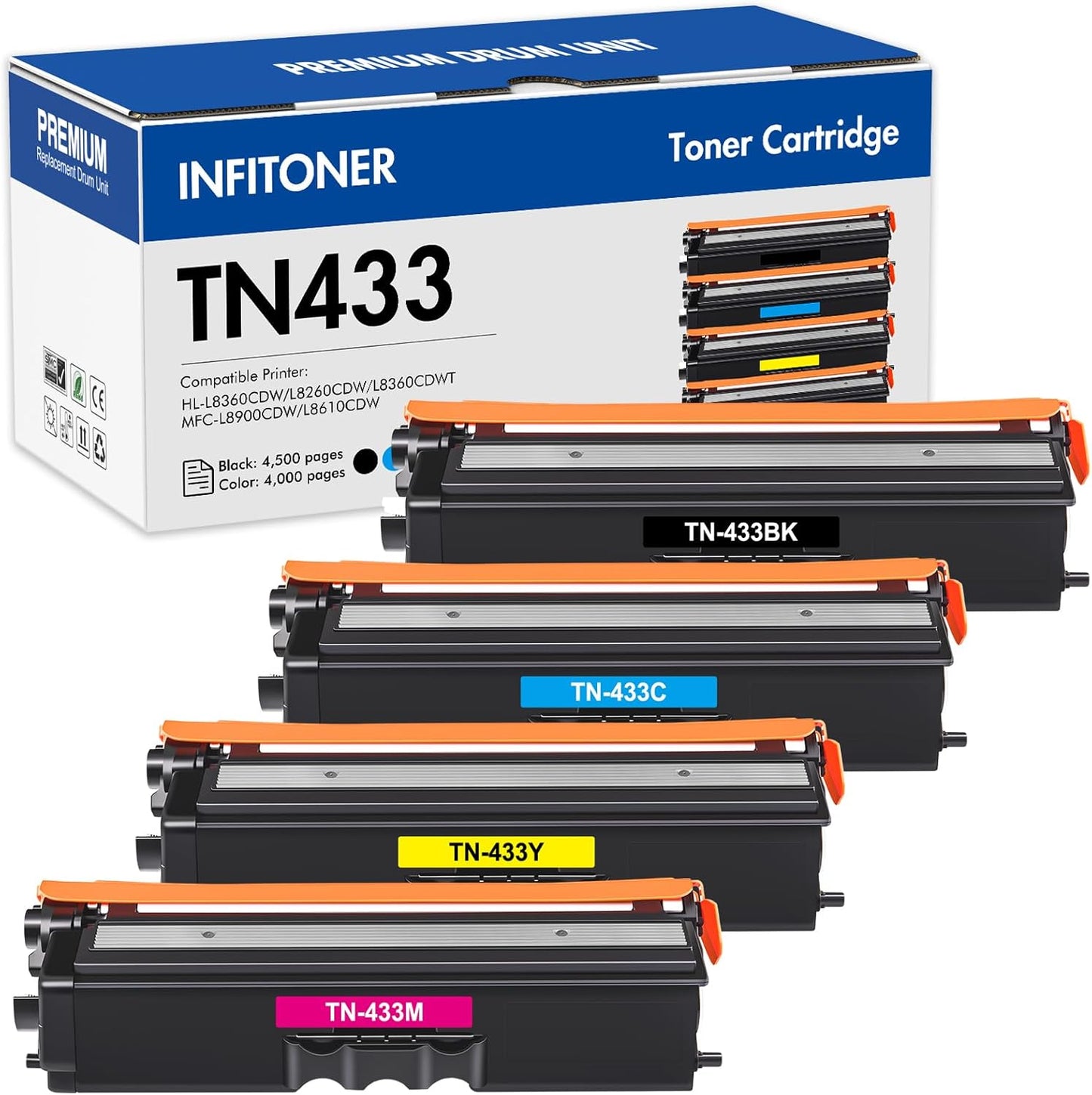 TN433 Toner Cartridge Set 4-Pack for Brother Printers - High Yield