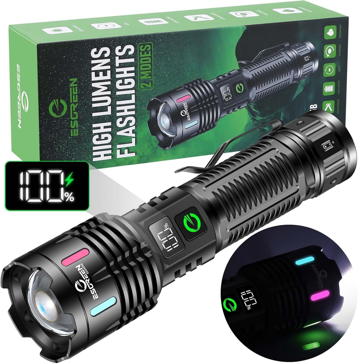 Esgreen Rechargeable Flashlights High Lumens 2000 for Camping