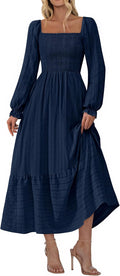 Women Maxi Fall Dress Square Neck Smocked Boho - Long Sleeve