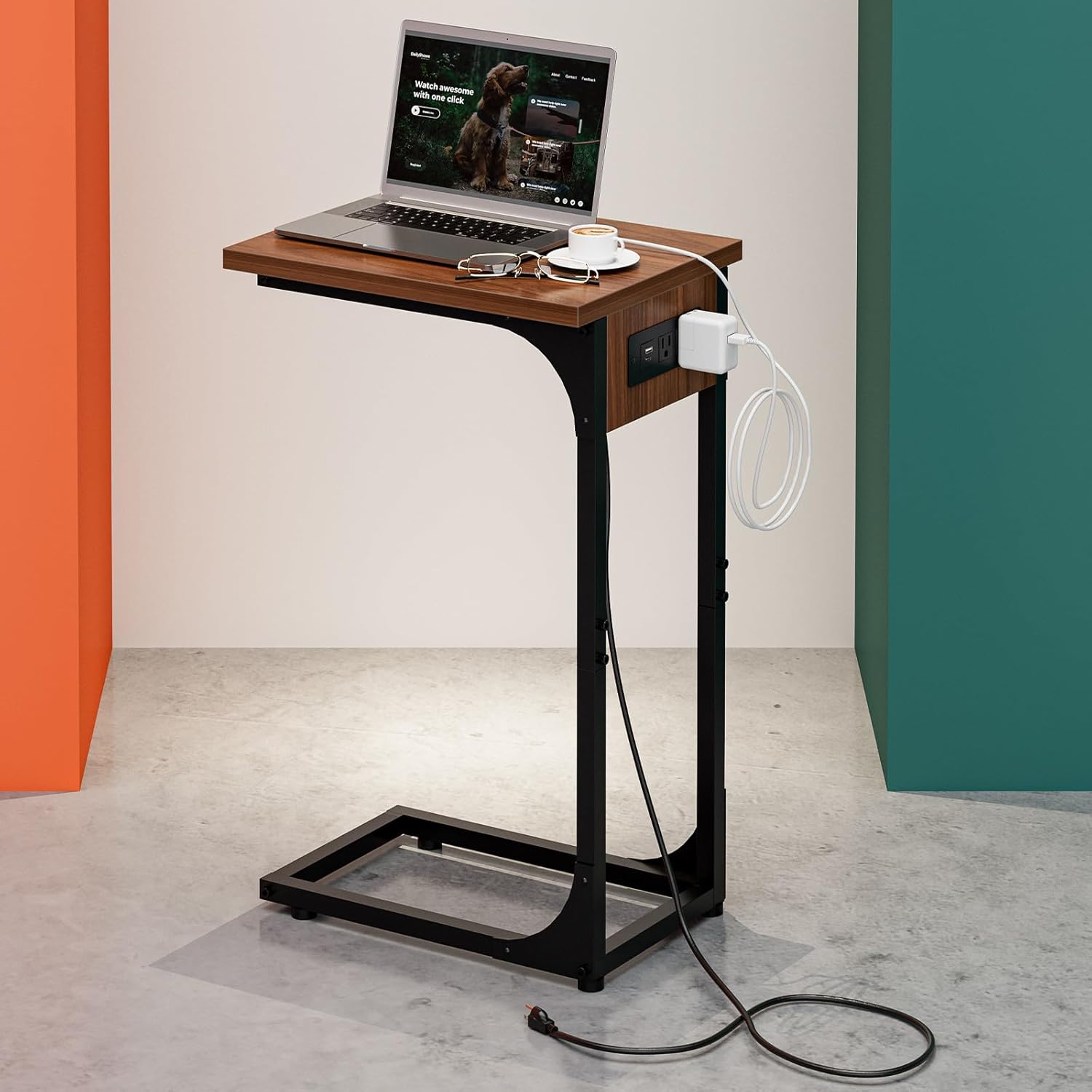 C-Shaped Side Table for Couch with Built-in Charging Station