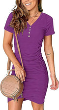 Womens V Neck Short Sleeve Ruched Bodycon Mini Dress - Button Detail