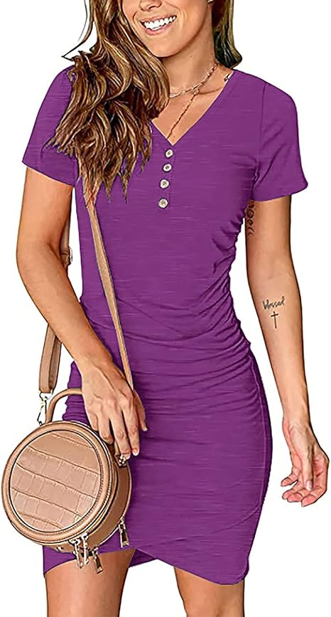 BTFBM Womens Summer Casual V Neck Short Sleeve Mini Dresses