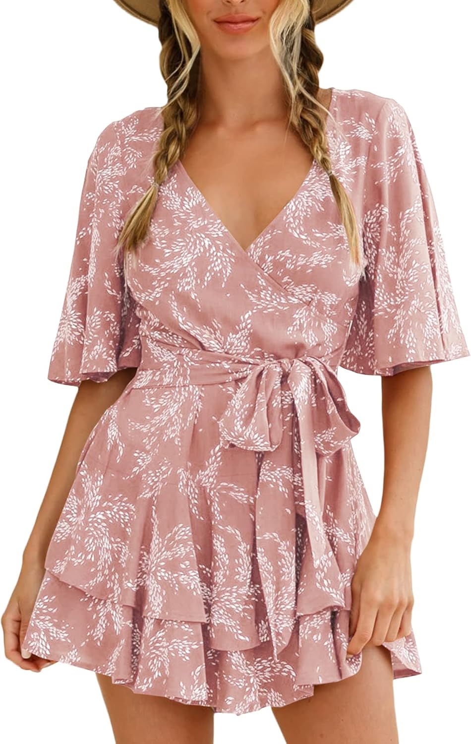 Floral V Neck Summer Romper for Women with Waist Tie Knot