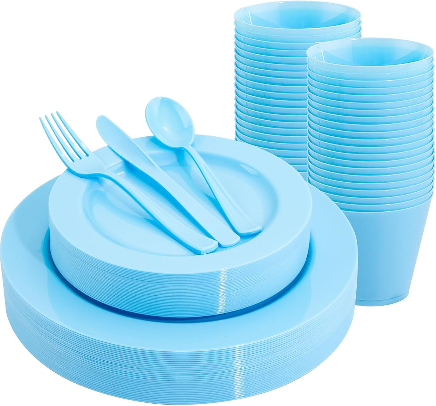 KIRE 150 Piece Blue Plastic Plates Disposable Dinnerware Set