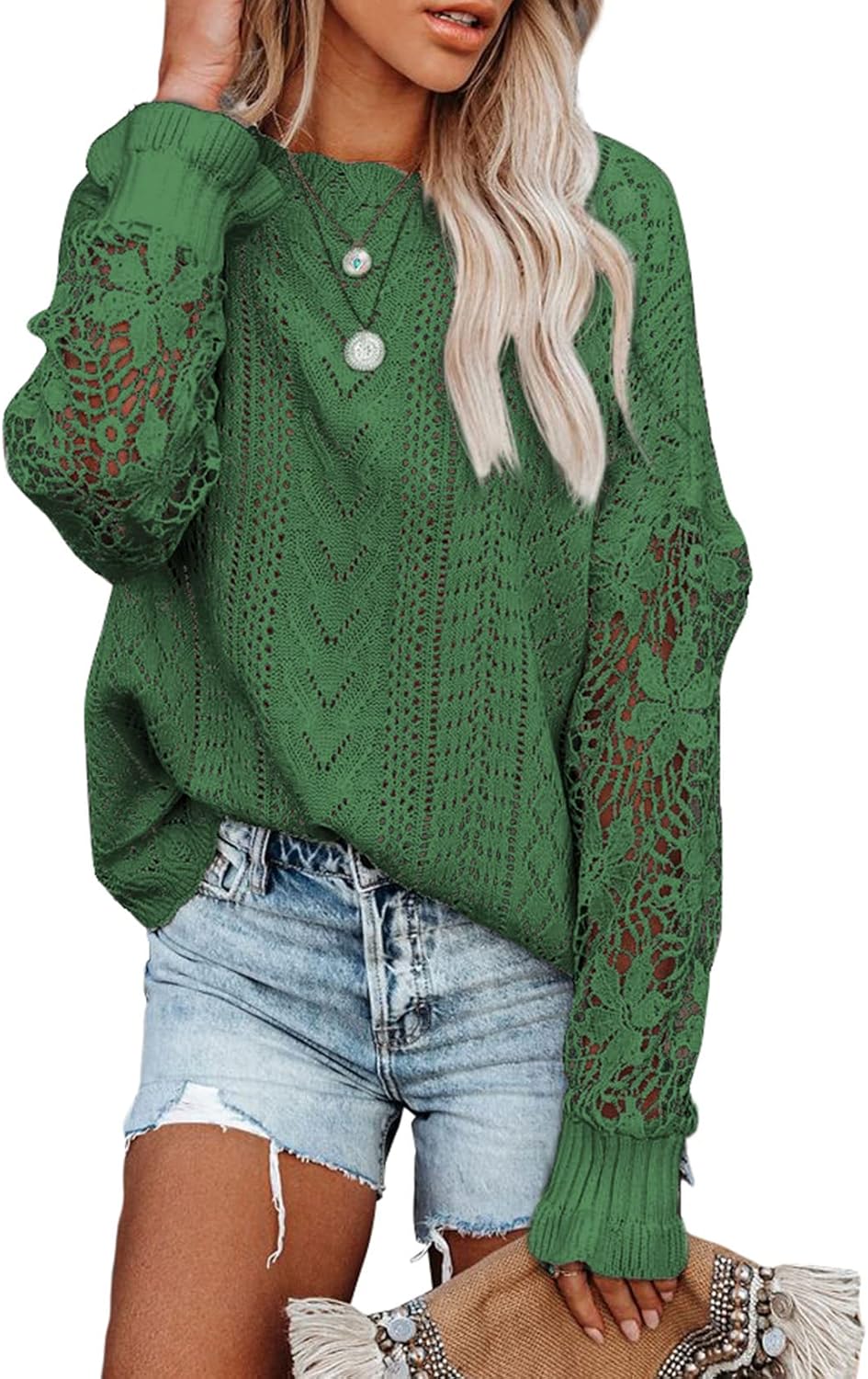 Dokotoo Womens Crochet Lace Long Sleeve Sweater for Style