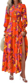Floral Maxi Dress V Neck Long Sleeve - Flowy Boho Fall Dress Jewelry