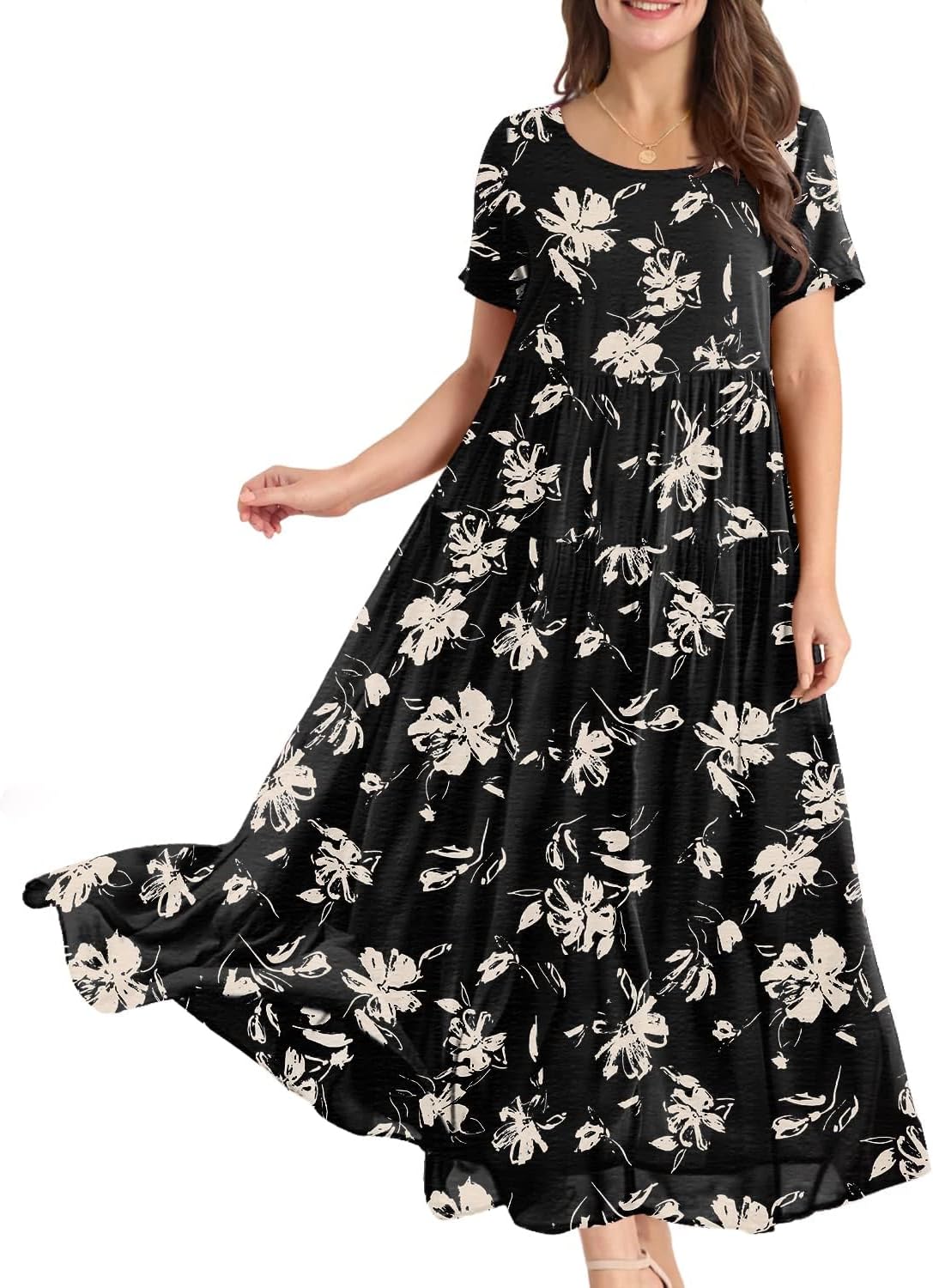 YESNO Women Casual Loose Bohemian Floral Dress with Pockets