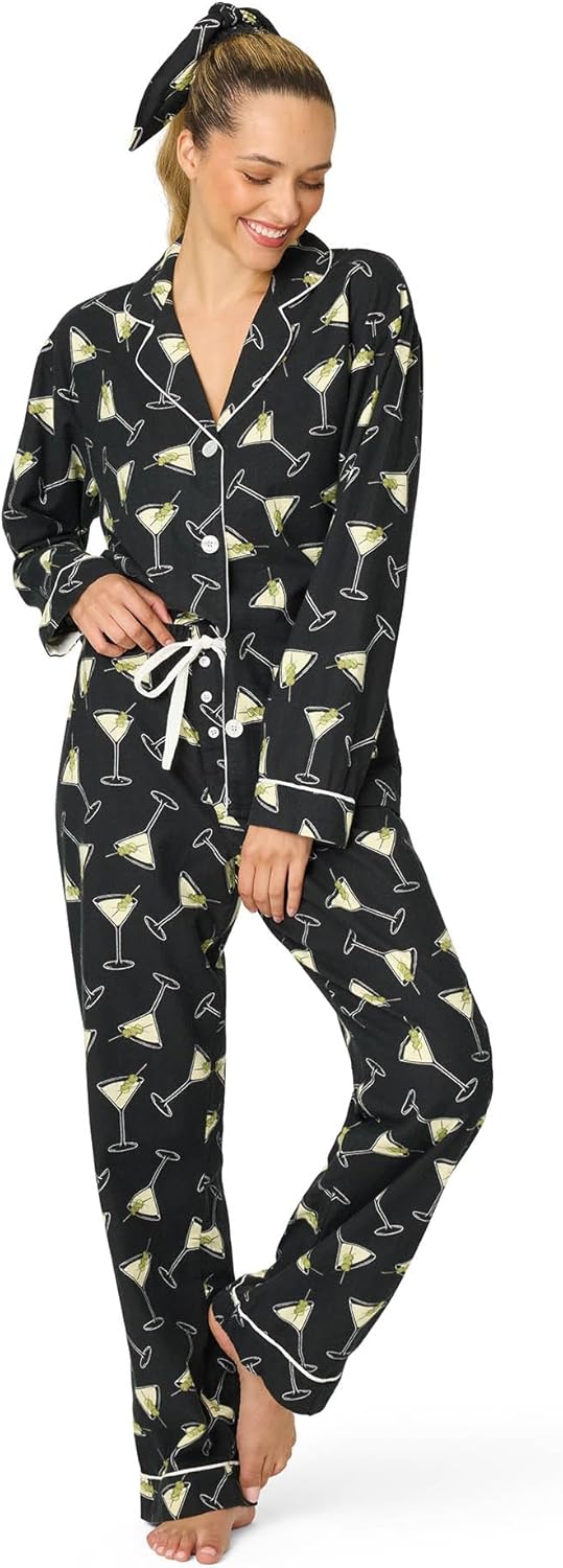PJ Salvage Womens Flannel Pajama Set with Martini Glass Print