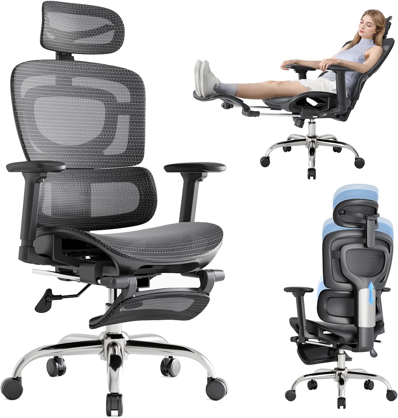 Ultimate Comfort: Ergonomic Mesh Office Chair, Adaptive Lumbar, Headrest, Footrest