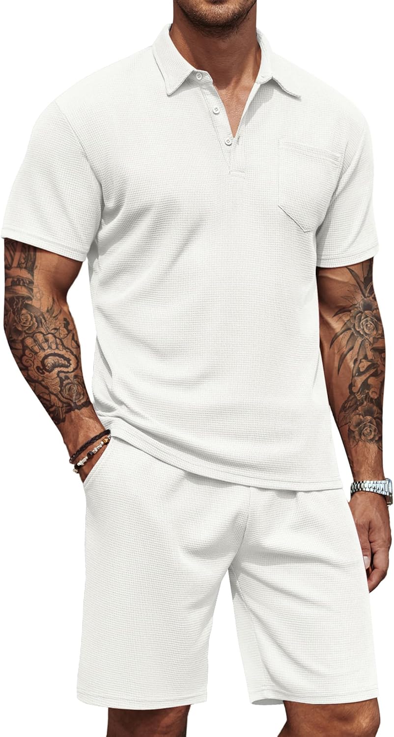 COOFANDY Men's Waffle Knit Polo Shirt and Shorts Set for Summer