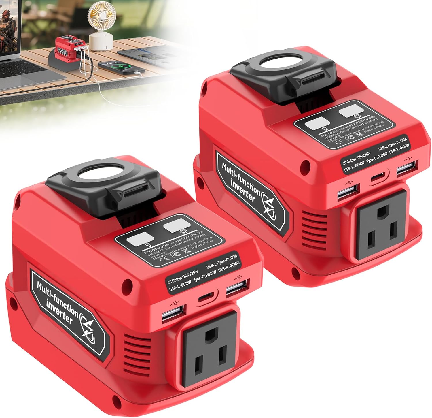 220W Portable Power Inverter with LED Work Light and USB Ports