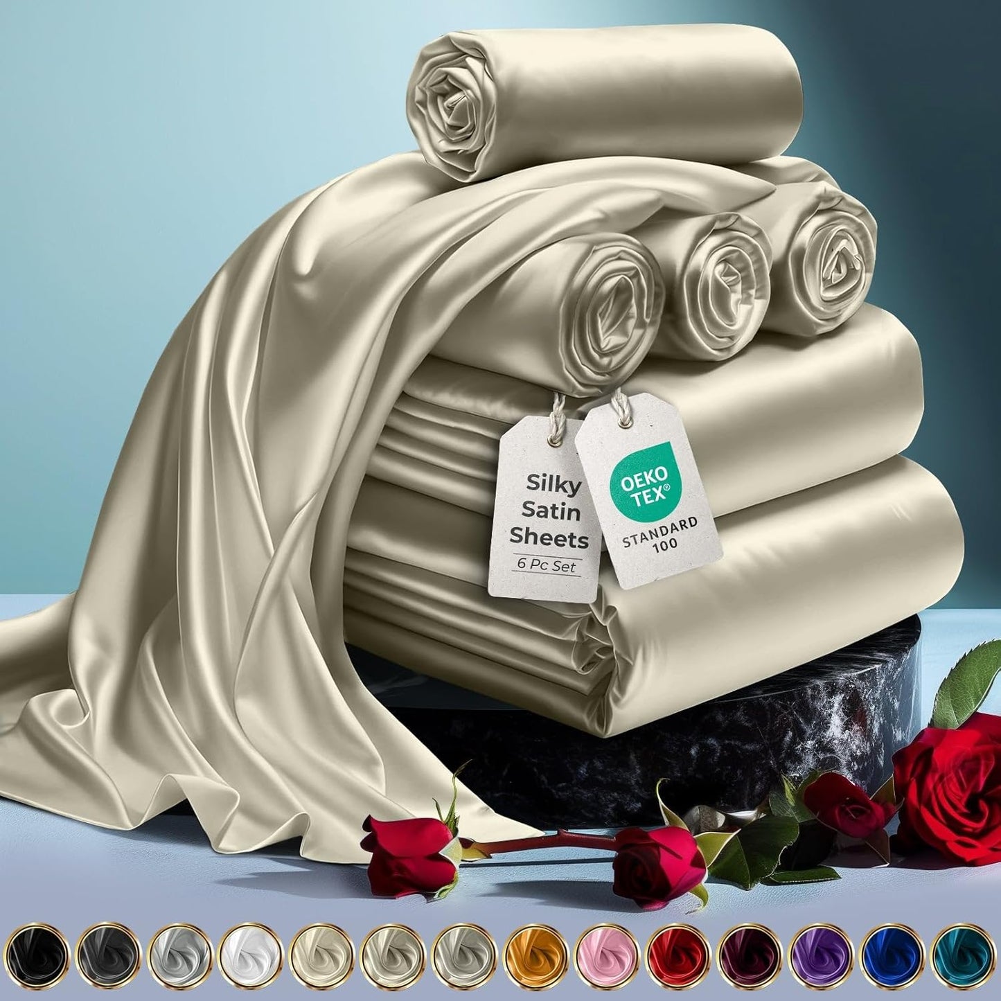 DECOLURE Satin Bed Sheets - Luxury Silky King Size Set