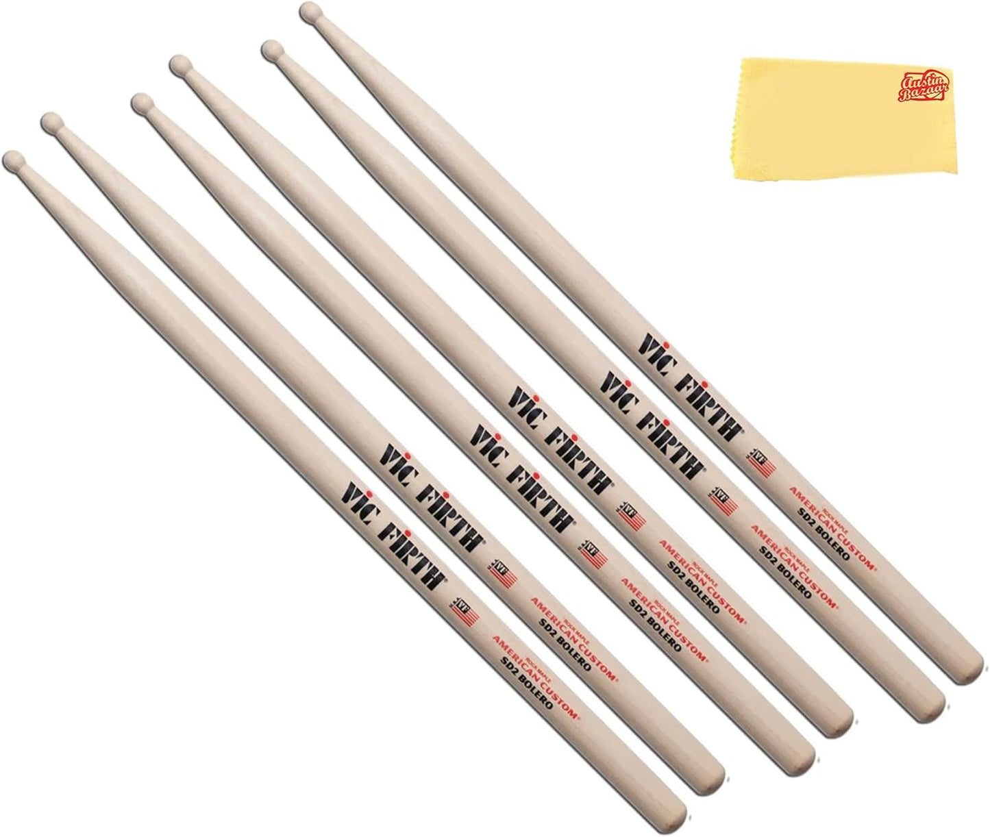 Vic Firth American Custom SD2 Bolero Drumsticks - 3-Pack Bundle