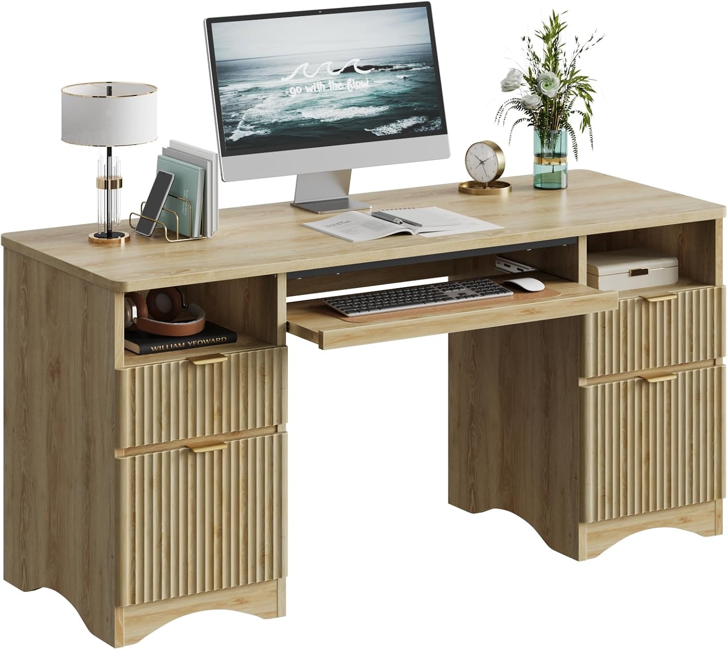 Modern 59 Office Desk with 4 Drawers - Natual Oak