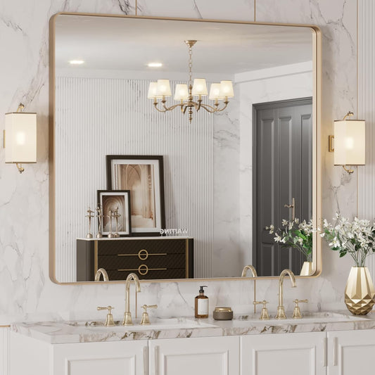 40X36 Gold Bathroom Mirror with Rounded Rectangle Frame Design