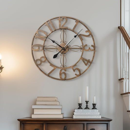 24 Inch Wall Clock for Living Room, Decorative Metal Design