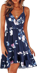 Womens Summer Floral Wrap V Neck Adjustable Spaghetti Ruffle Dress