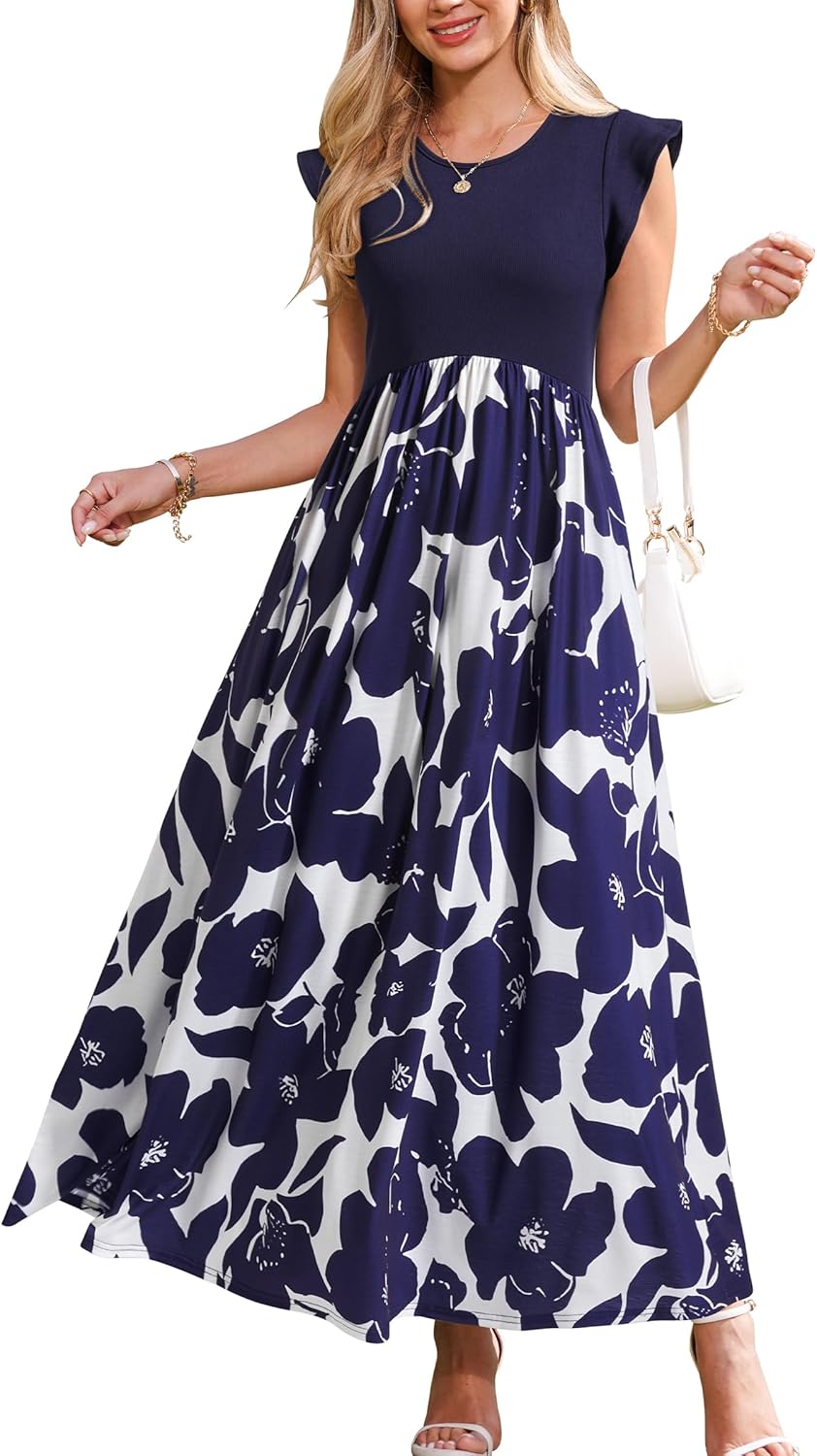 OUGES Women Maternity Sleeveless Maxi Dress with Pockets