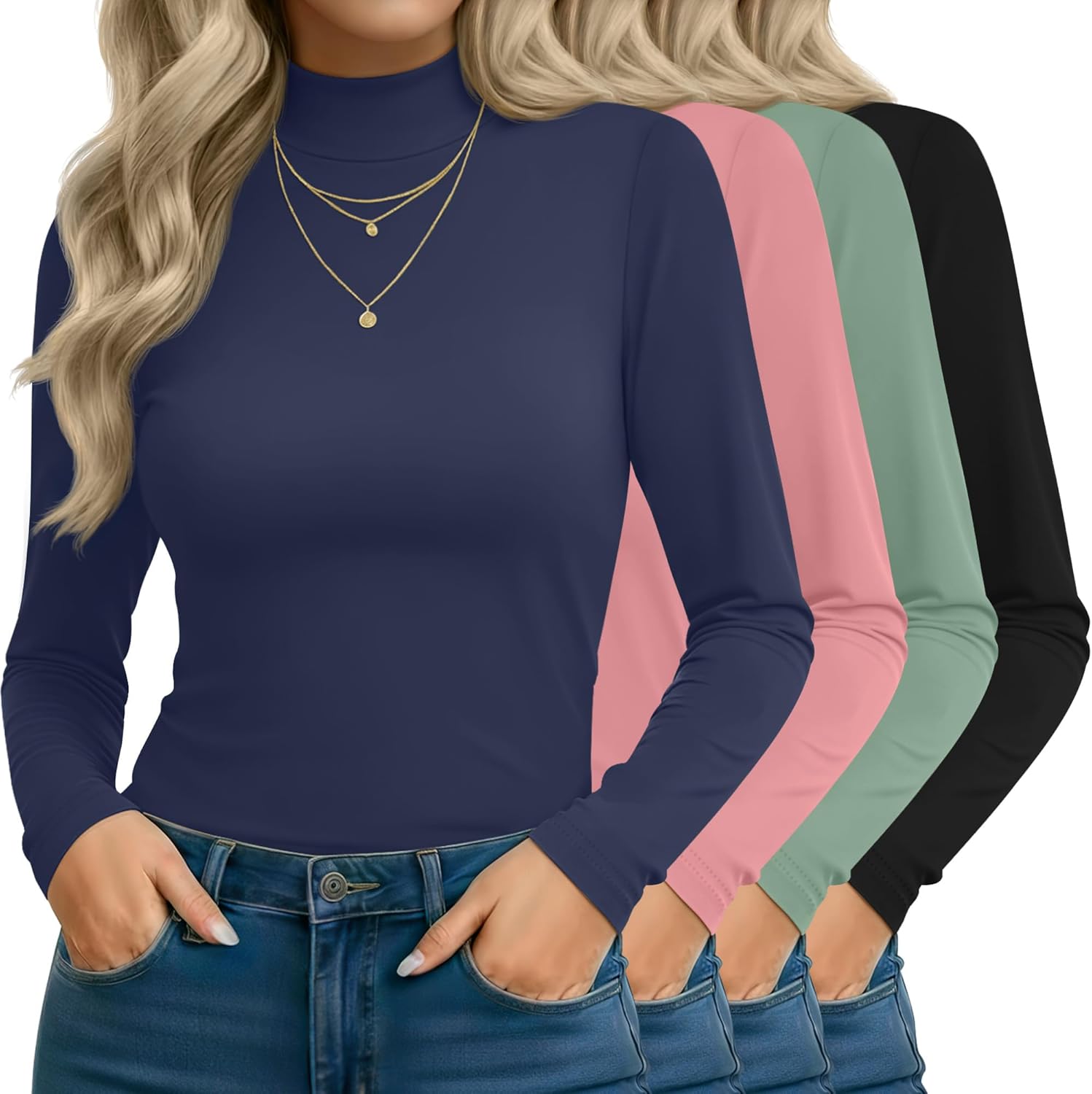 Mock Turtleneck Tops for Women - Slim Fitted Long Sleeve Shirts
