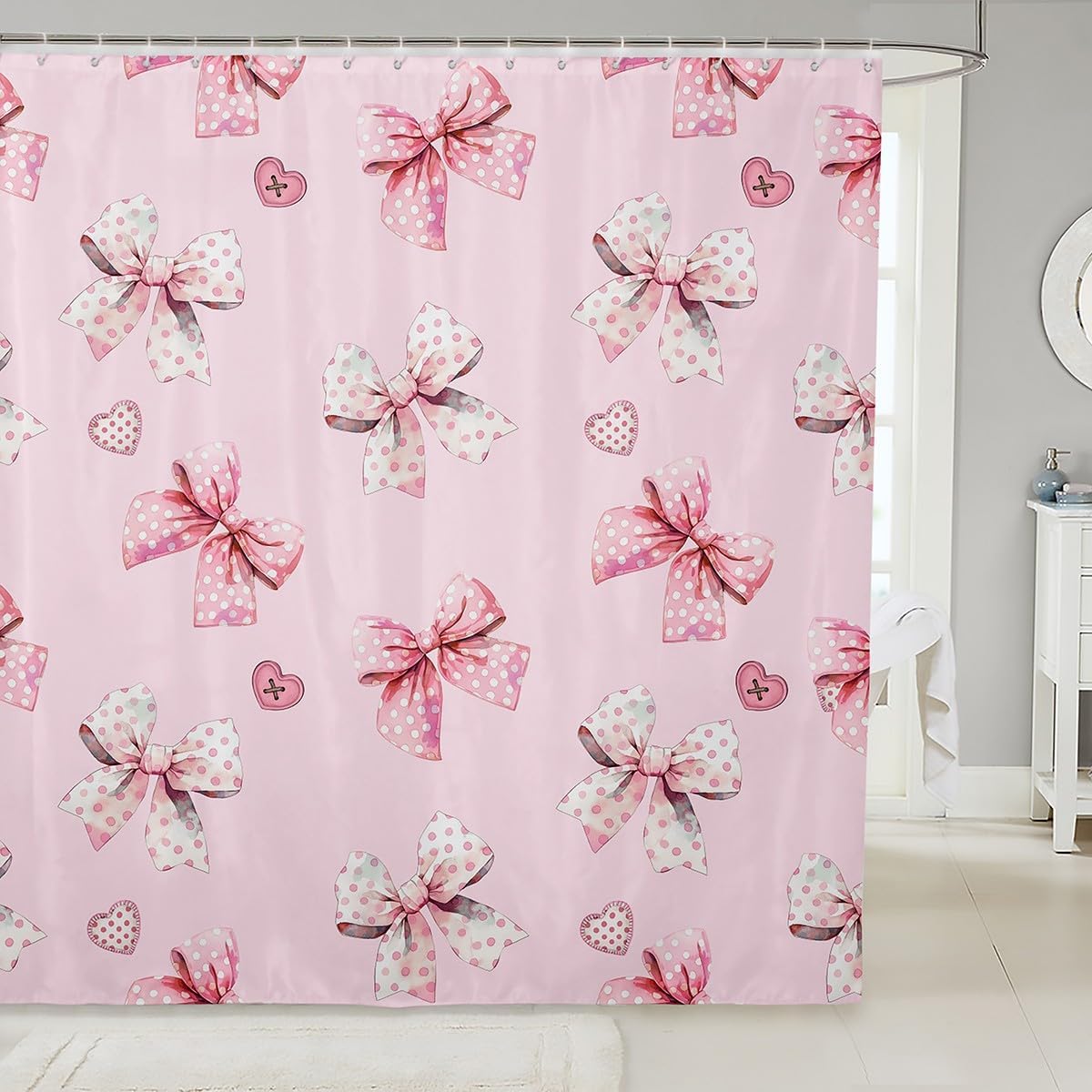 Kawaii Bow Shower Curtain Set - Kids Bathroom Delight!