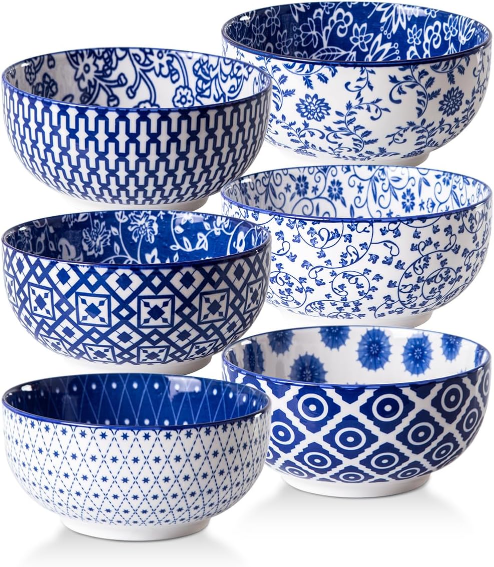 Cerkik Deep Ceramic Bowls Set - 23 Oz - Microwave/Dishwasher Safe - Vintage Blue - Set of 6