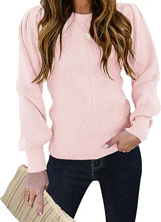 TECREW Women's Puff Sleeve Crew Neck Pullover Sweater for Style