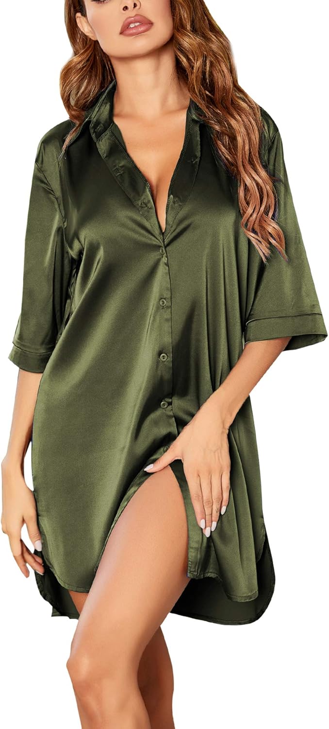 Ekouaer Women's Satin Nightshirt Button Down Sleepshirt for Comfort