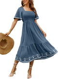 Smocked Square Neck A Line Maxi Dress - Flowy Summer Comfort